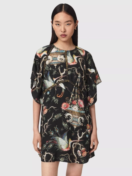 AllSaints Xena Floral Bird T-Shirt Mini Dress containing LENZING™ ECOVERO™ Viscose
