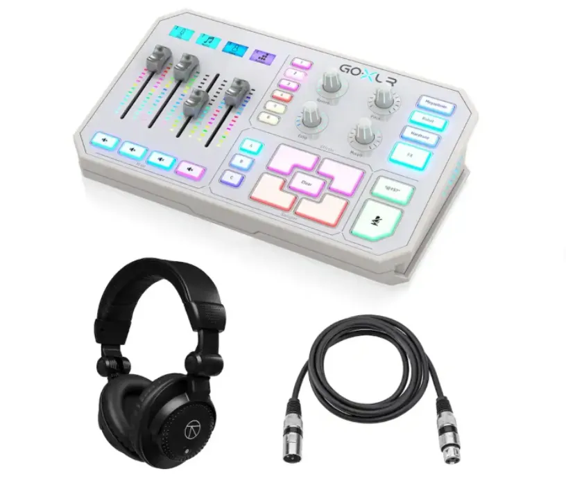 TC Helicon - GoXLR 4-Channel USB Streaming Mixer, White, Bundle with TAPH100 Headphones and 6' Microphone Cable