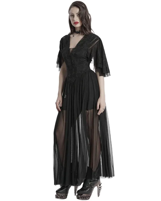 Lace Pleated Black Mesh Dress 