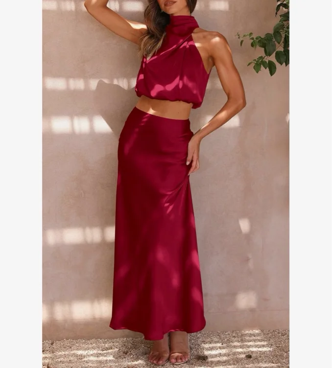 Sleeveless Silk Two Piece Crop and Skirt
