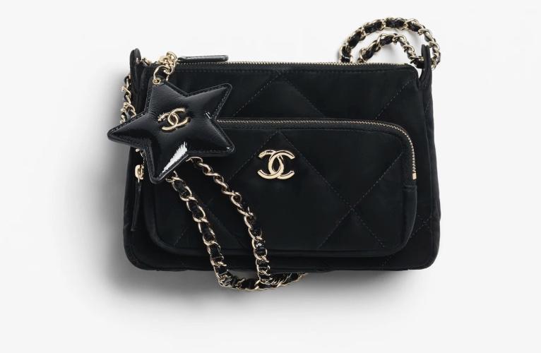 Clutch with chain - Velvet-effect nylon, shiny crumpled calfskin & gold-tone metal, black — Fashion | CHANEL