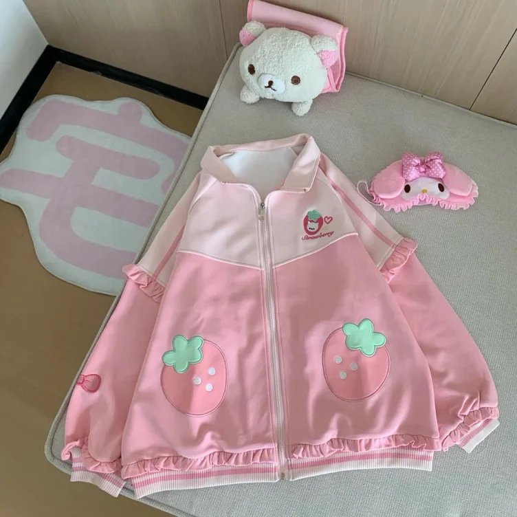 Kawaii Pink Coat with Strawberry Embroidery