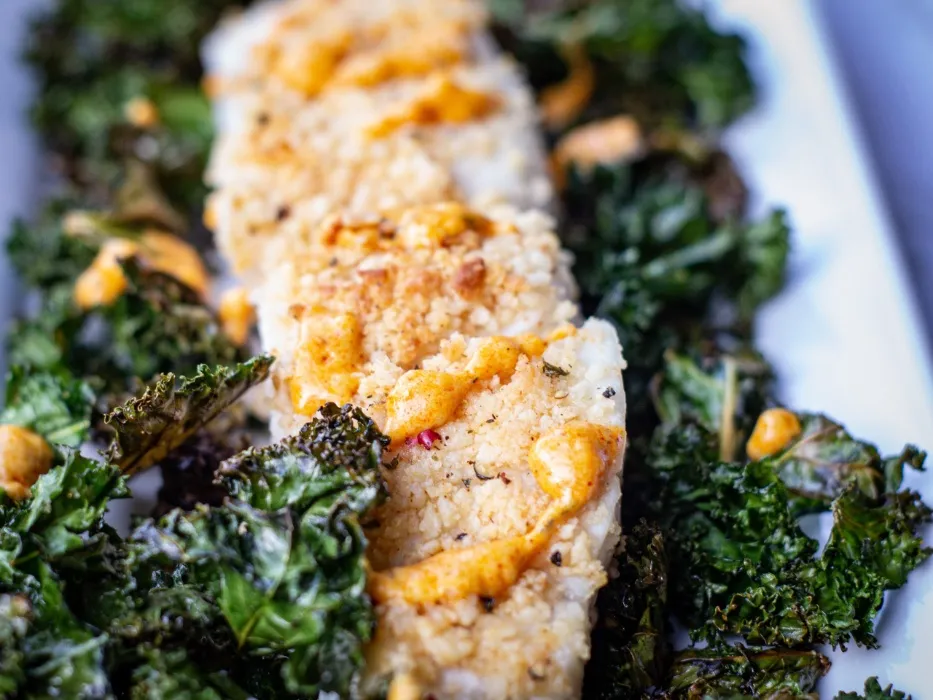 Valentine's Dinner - her entree - Macadamia-Encrusted Halibut