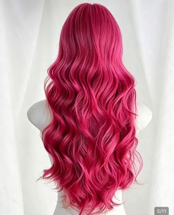26 Inch Silky Body Wave Synthetic Heat Resistant Fiber Wig Vivid Bright Magenta Hot Pink Fuchsia Raspberry Bubblegum Neon Pink Gradient Wig With Thick