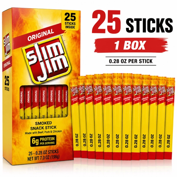TEMU Slim Jim Original Snack Size Meat Sticks, 0.28 Oz Each, 25 Count