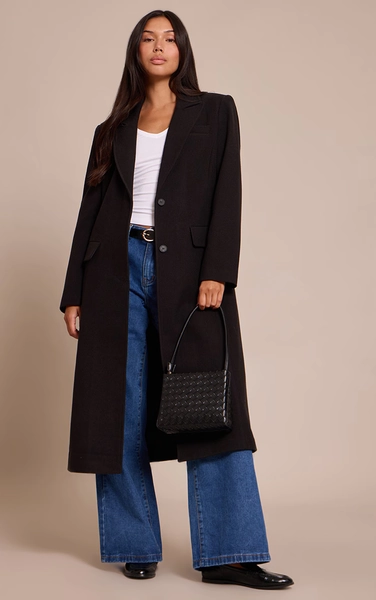 Black Single Breasted Seam Detail Wool Look Maxi Coat