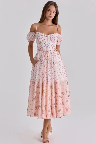 Penelope White Rose Print Georgette Ribbon Midi Dress