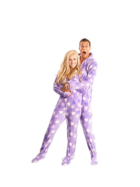 Purple Star Printed Hooded Adult Footed Pajamas - Jumpin Jammerz