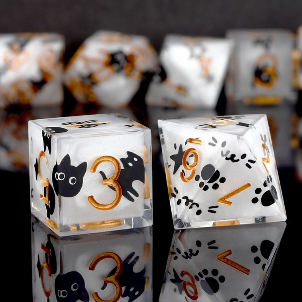 Handmade Black Cat Resin Dice Set: Sharp Edge Polyhedral RPG DND Dice
