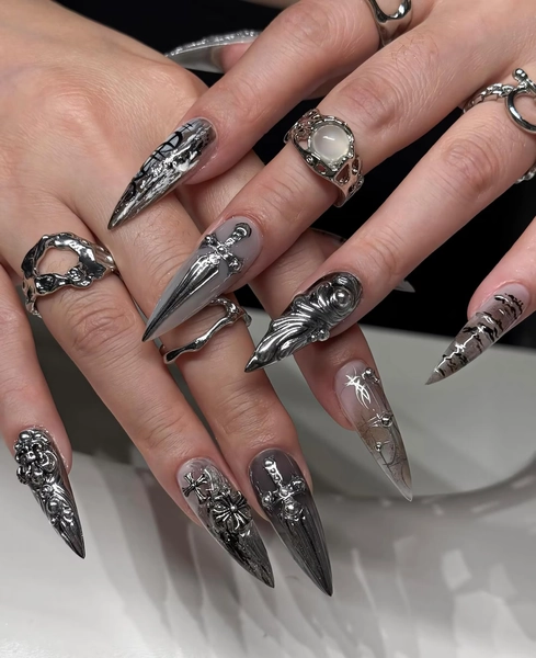 Gothic Press on Nails With Silver Sword 3D Charms, Dark Medieval Knight Nail Art, Gothic Chrome Nails, Nails for Gothic Party and Halloween - Etsy Ukraine