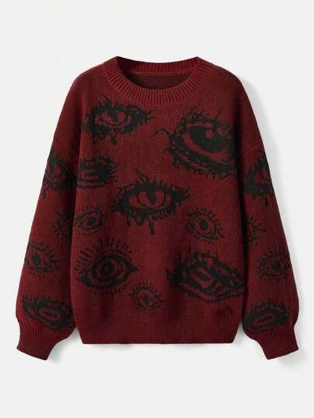 ROMWE Grunge Punk Suéter com estampa de olhos e ombros caídos, blusas de manga comprida