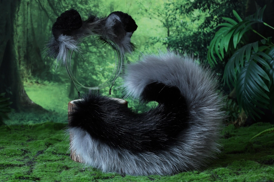 Faux fur shepherd dog tail and ear set black gray