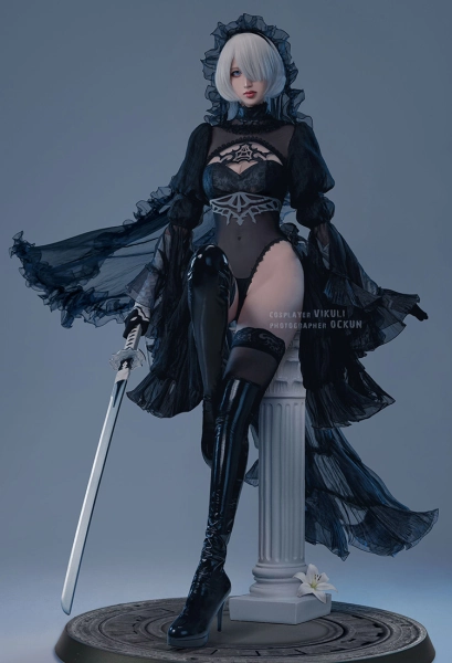 Nr: Automata YoRHa No.2 Type B 2B Wedding Bride Cosplay Costume Black Bridal Bodysuit with Veil and Gloves