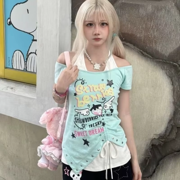 Summer plus dopamine cute girl irregular fake two Y2K Japanese Harajuku slim fit neck hanging shoulder short sleeved t-shirt - AliExpress 