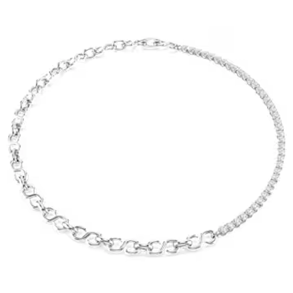 Matrix necklace, S-shape, Round cut, White, Rhodium plated