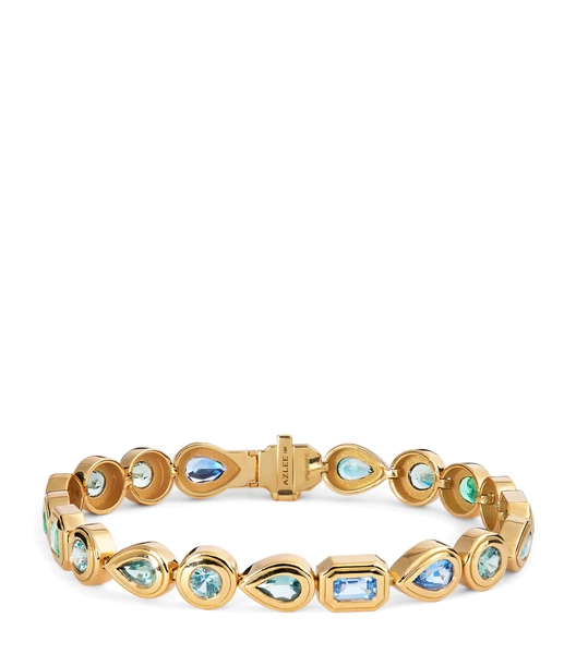Azlee Yellow Gold, Emerald and Sapphire Staircase Bracelet