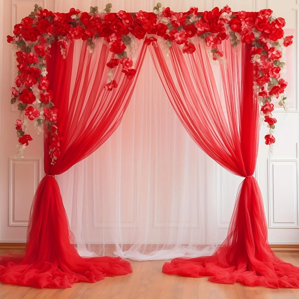 Two Pieces of 5.2X10 Feet Red Sheer Fabric Backdrop Decoration, Made of Transparent Polyester Material, Suitable for Parties, Wedding Photo Backgrounds, Curtains for Wedding Ceremony Photography, And Birthday Party Decorations