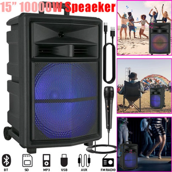 15" 10000W Heavy Bass Bluetooth Party Speaker System w/ LED Lights Wireless Mic | eBay