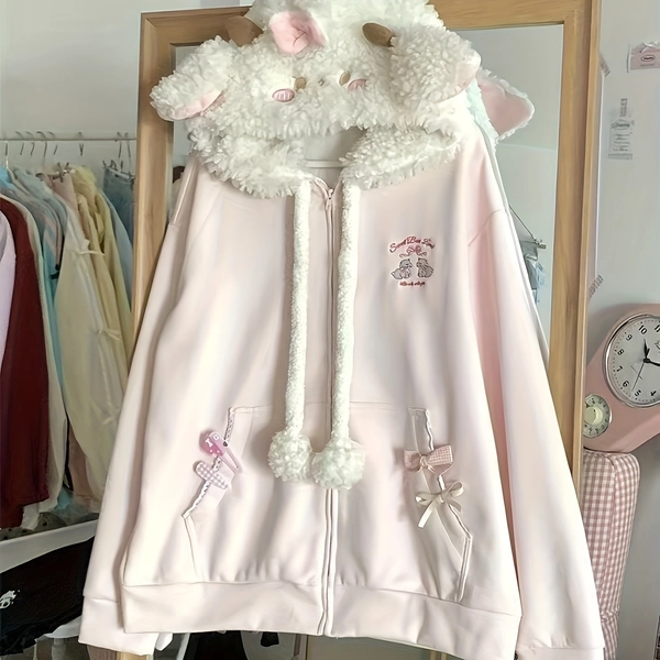 [Cute Lamb Hooded Jacket] 1pc Women's Cute Lamb Hooded Jacket - Spring/Fall Lightweight Cardigan with Cartoon Lamb Face & Floral Embellishments, Pink Zipper Front, Machine Washable Cozy Outerwear for Small Adults (Casual Attire), Playful Design, Durable Construction, Zipup Hoodie, Trendy Clothing