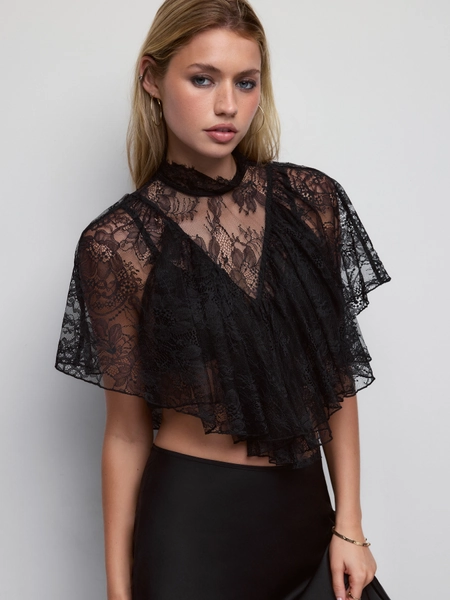 Lace Stand Collar Cloak Sleeve Cut Out Layered Crop Top