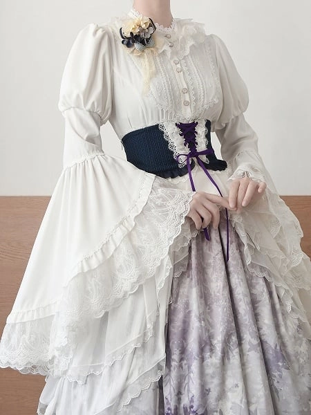 [$54.00]White Elegant Long Bell Sleeves Blouse