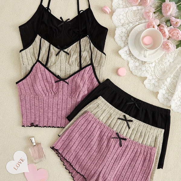 3pcs Women'S Pajama Set | Soft Skin-Friendly Material, Includes Pajama Top, Shorts, And V-Neck Vest, Casual Solid Color with Bow Detail, Suitable for Comfortable Home Wear
