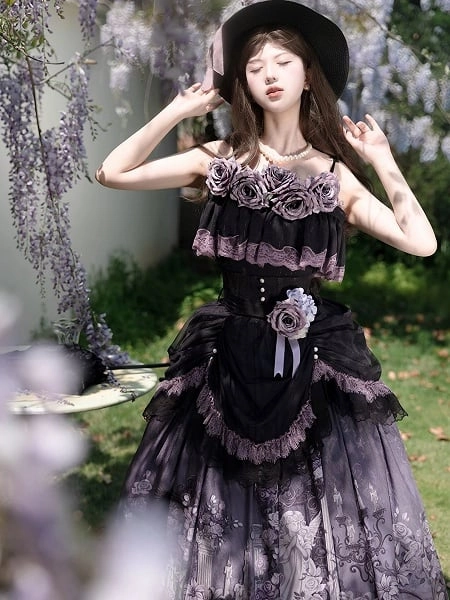 Black & Purple Ruffled Elegant Classic Lolita Top + Floral Print Skirt with Lace Trim Set