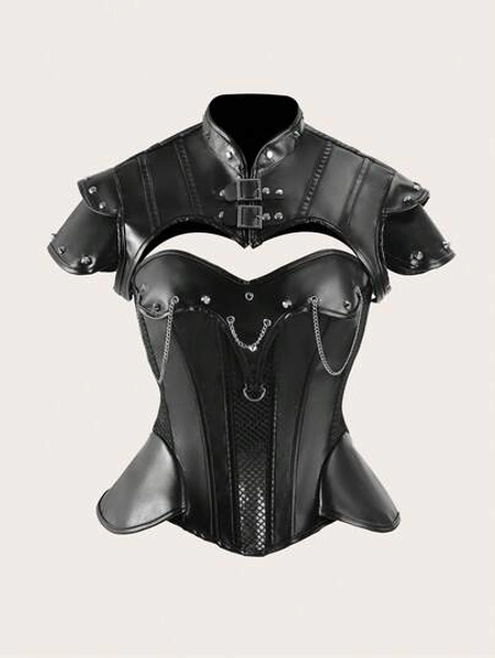 2 Peças Top de Estilo Cyber Punk em PU com Peça de Ombro Destacável, Bodysuit com Tachas e Correntes Exageradas, Feminino - Tamanho XL