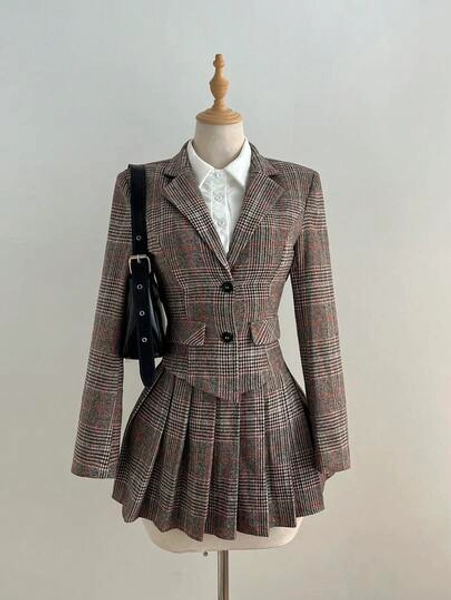 Elamini Women’s Houndstooth Wool-Blend Blazer and A-Line Pleated Skirt Set, Fall/Winter