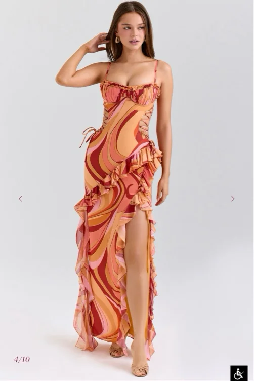 Sunset Swirl Print Ruffle Cut Out Maxi Dress
