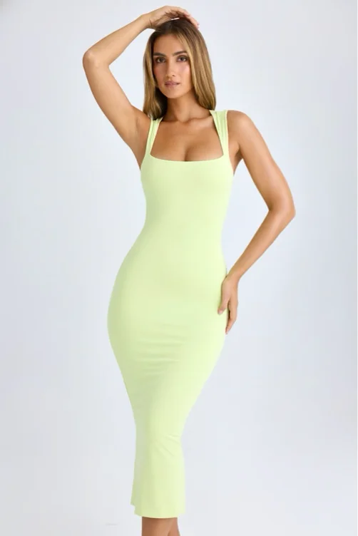 Square Neck Midi Dress in Matcha Green