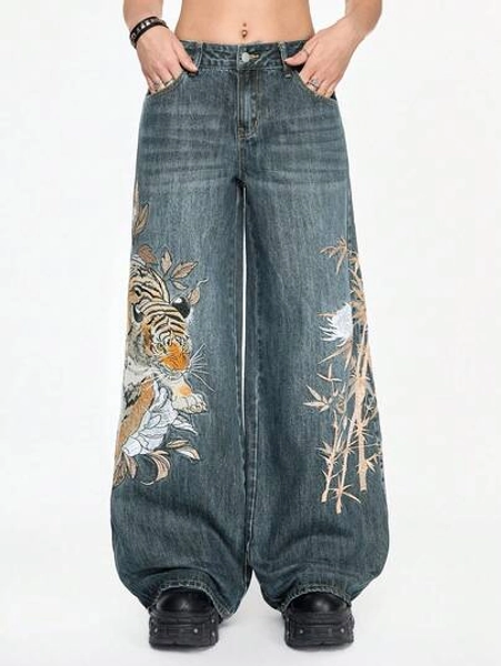 ROMWE Grunge Punk Unisex Retro Street-Style Chinese Tiger & Floral Embroidery Loose Wide-Leg Jeans - Size M