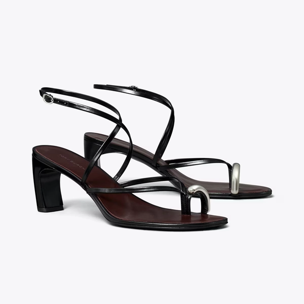Pierced Multi-Strap Heeled Sandal in black, size 10