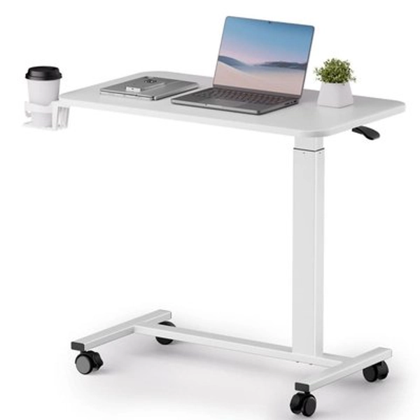 ComHoma Standing Laptop Desk with Lockable Wheels 32 in. W x 18 in. D White Adjustable Overbed Bedside Desk Table