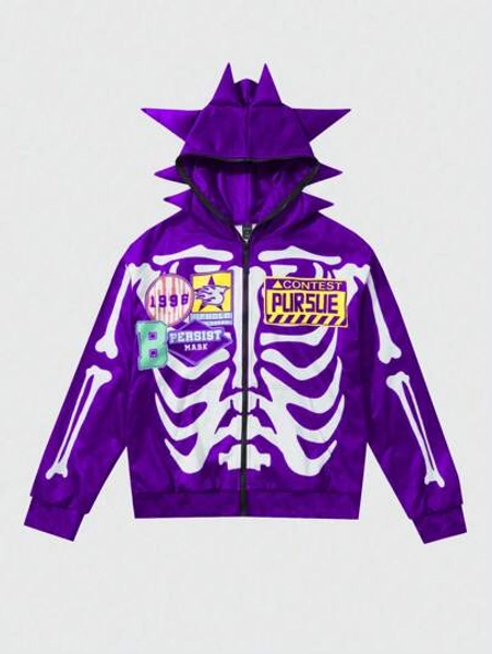 ROMWE MEN Street Life Men's Autumn Skeletal Letter Print Zipper Front Hooded Sweatshirt, Streetwear