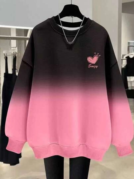 EMERY ROSE Women's Plus Size Casual Ombre Heart Print Crew Neck Sweatshirt, Autumn