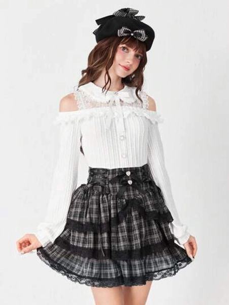 ROMWE EDITION Kawaii Hime Gyaru Sweet Off Shoulder 2 In 1 Women T-Shirt