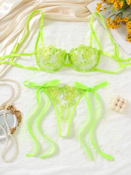 2pcs Neon Lime Embroidered Bow Detail Ladies Sexy Lingerie Set