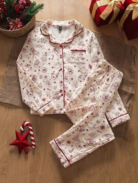 Damski świąteczny komplet piżamowy, morelowy spód z świąteczną atmosferą, uroczy Święty Mikołaj, bałwan, nadruk z jeleniem, czerwone wykończenie, swobodny, minimalistyczny design, damski top z długim rękawem i długie spodnie, 2-częściowy komplet na jesień i zimę