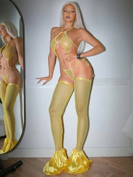 Sexy 2 Pieces Y2K Club Outfit, Fishnet Bodysuit With Ruffle Trim, Backless And Revealing Design, Suitable For Bachelorette Party