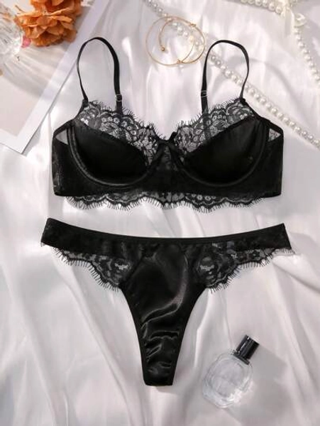 DelicateAllure Renda De Contraste Com Fio Conjunto De Lingerie