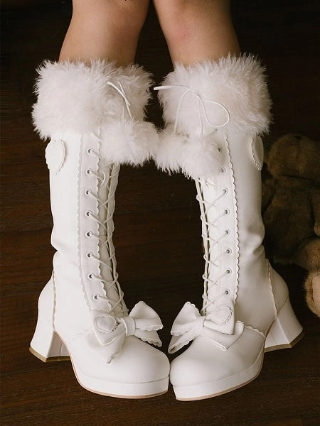 [$84.00]White Sweet Knee-High Boots - Plush Top Cuff with Bow Embellishments & Lace+Zip System