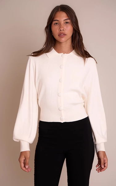 Cream Compact Knit Fabric Covered Button Cardigan/ M