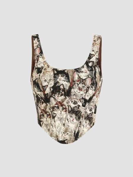 Jacquard Cat Pattern Corset Cami Crop Top