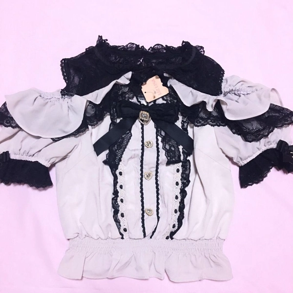 LIZLISA Open Shoulder Frill Blouse Black Pink
