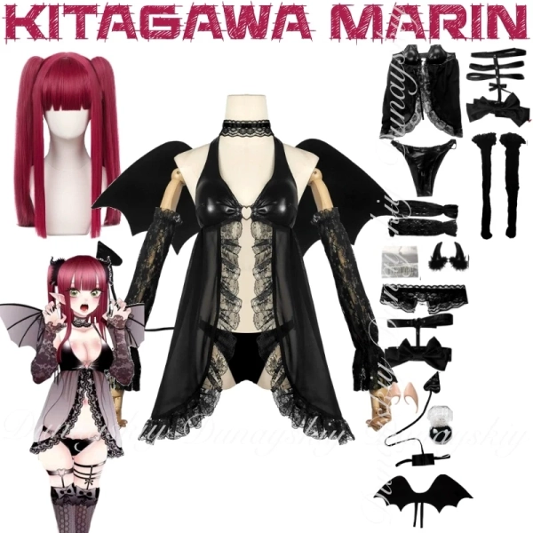Mon déguisement Anime Kitagawa Marin Cosplay chérie Costume noir avec perruque petit diable succube Liz Costume de Cosplay Costume complet