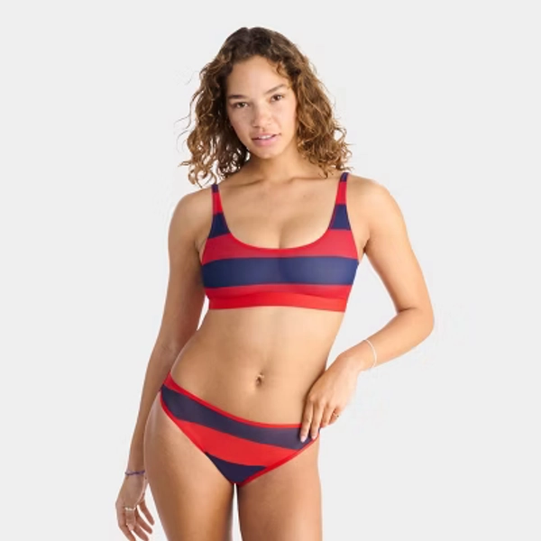 Parade Silky Mesh Scoop Bralette & Cheeky Underwear Set - Red/Blue Stripe S