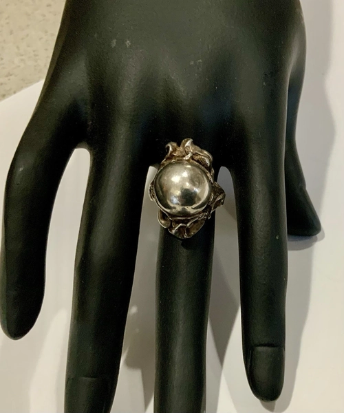 Antique Art Nouveau Ring 1895-1910 Heavy Sterling Silver Floral Leaf Orb  SZ 5.5