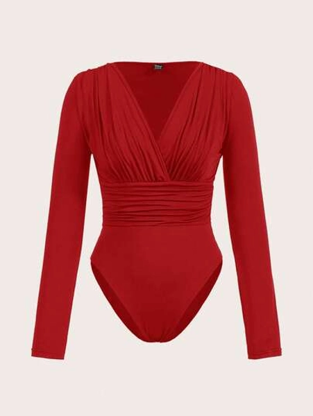 Slaydiva Women's Solid Color Criss-Cross Wrap Long Sleeve Bodysuit