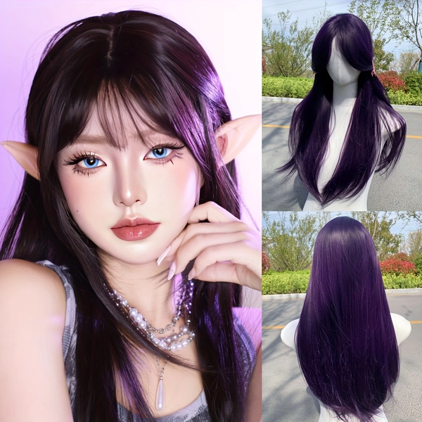 26-inch Women's wig Dark grape purple eight-figure fringe long straight hair Euro-American style daily role play party all-purpose full-head wig for parties